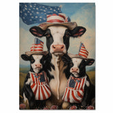 Black and White Cow Mother and Calves in Patriotic Outfits with American Flag and Stars in a Peaceful Countryside Scene on Ready to Hang 1.5" Thick Canvas Wrap, Floating Framed Canvas, Flat Rolled Canvas